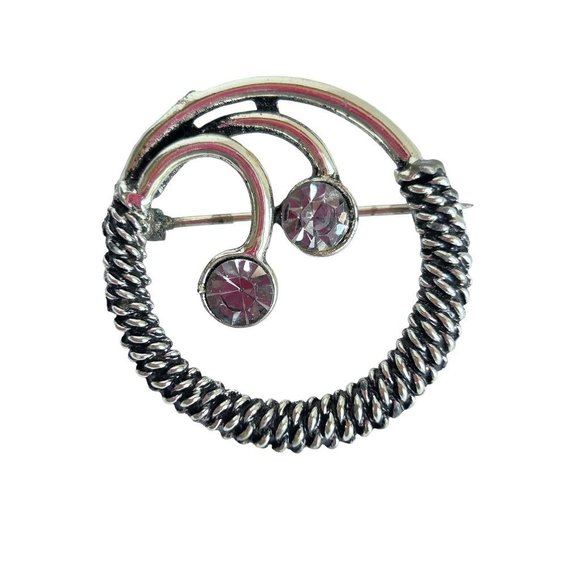 Vintage Silvertone Round Wreath Brooch Braided Design 1 3/8" - Picture 4 of 6